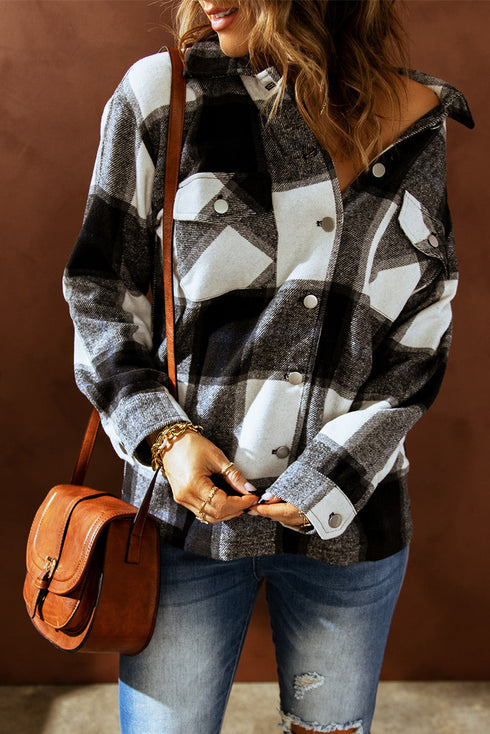 Plaid Print Buttoned Shirt Coat With Pocket